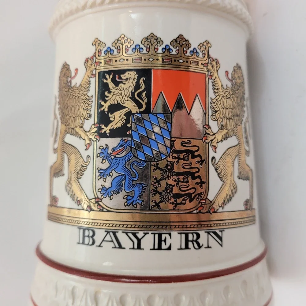 Gerz Beer Stein Bayern Bavaria Coat of Arms Lions Pewter Lid West Germany 6in